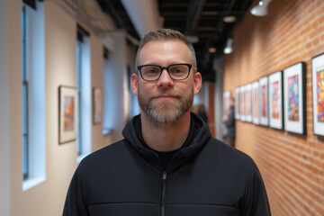 Obraz premium Man with glasses stands in an art gallery with colorful artwork on display