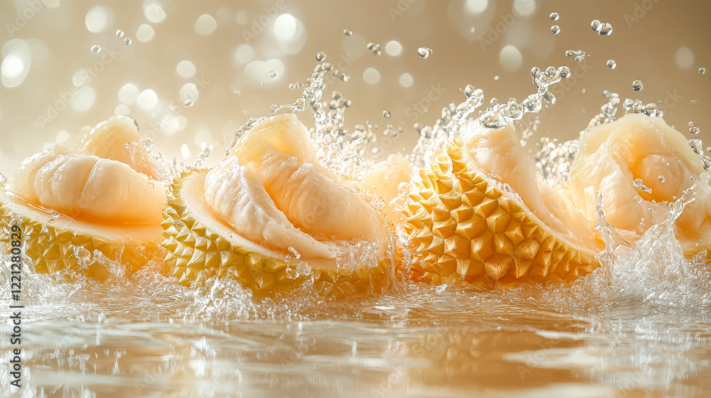 Poster bunch of durians are floating in water. the water is splashing and the durians are open