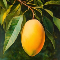 Mango fruit on tree with green leaves, digital painting illustration.