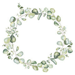 Watercolor illustration of eucalyptus wreath with lush leafs. Ideal for romantic greeting cards, invitations to weddings or birthdays. Cosmetics, perfumes and home decor. Frame for websites or apps. 