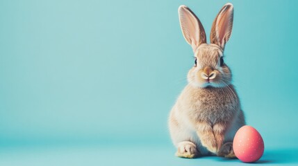 Fototapeta premium Adorable Easter Bunny with Pink Egg on Light Blue Background
