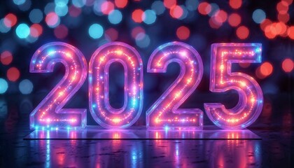 Glowing 2025 display with colorful bokeh lights marking the start of a new year
