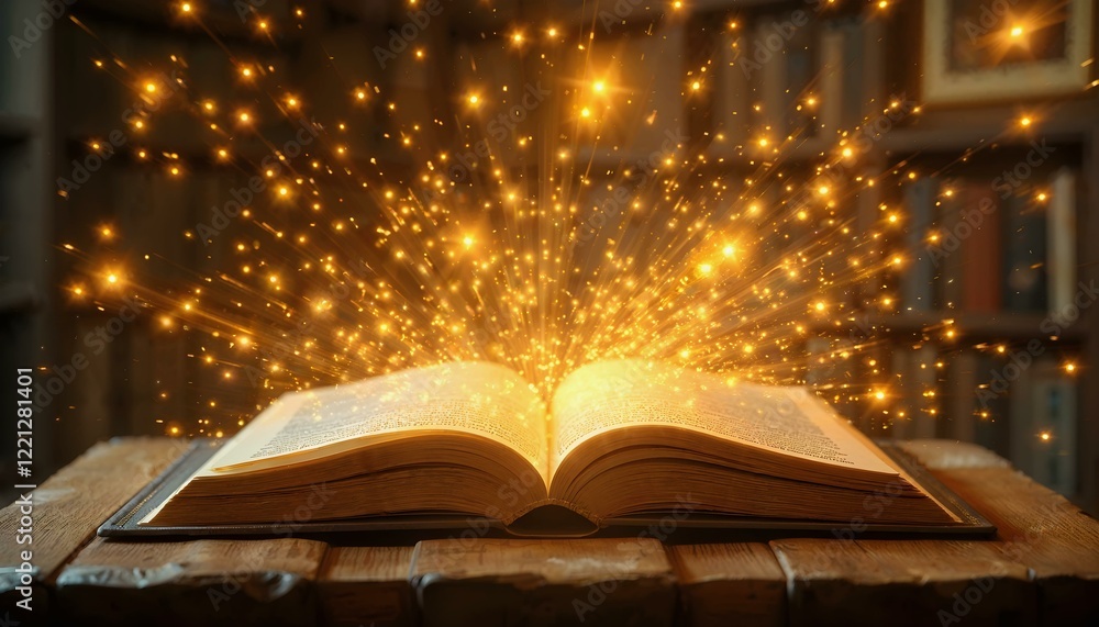 Poster mystical open book emitting golden light and floating sparks symbolizing magic of learning