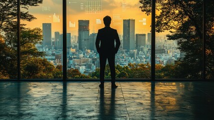 A business professional standing in front of a large window overlooking a city skyline, with futuristic data and graphs floating around, embodying the mindset of progress and innovation