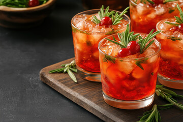 Refreshing cocktail served in glasses with garnishes on a wooden board