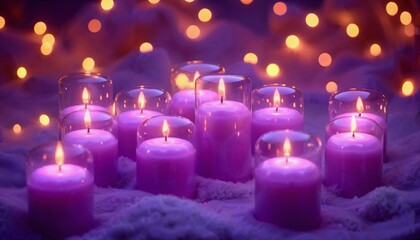 Purple candles glowing softly in a warm festive ambiance with bokeh lights