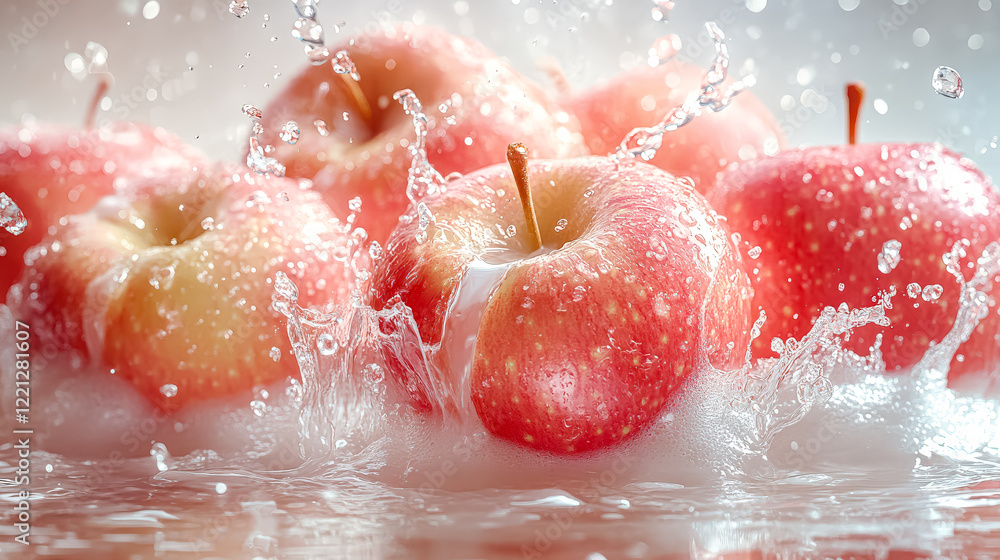Poster group of apples are splashing in a pool of water. the apples are red and yellow, and they are surrou