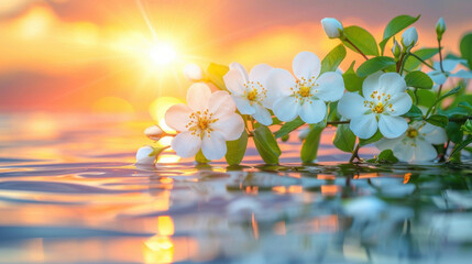Beautiful white jasmine flowers with green leaves on serene water at sunset, creating peaceful and tranquil atmosphere