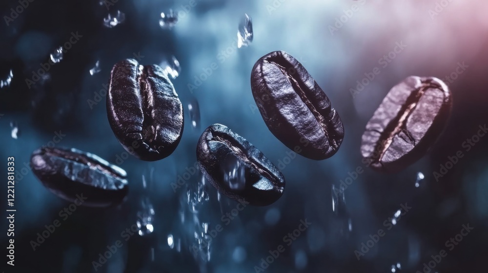 Poster close-up of coffee beans suspended in water with droplets, creating a dynamic and refreshing scene