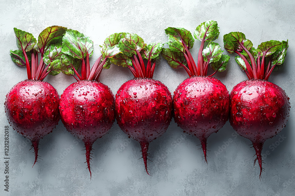 Poster row of five red beets with green leaves. the beets are arranged in a line and appear to be freshly p
