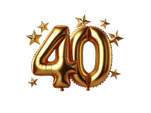 Golden balloon with the anniversary number 40 and stars on a transparent background.png - Powered by Adobe