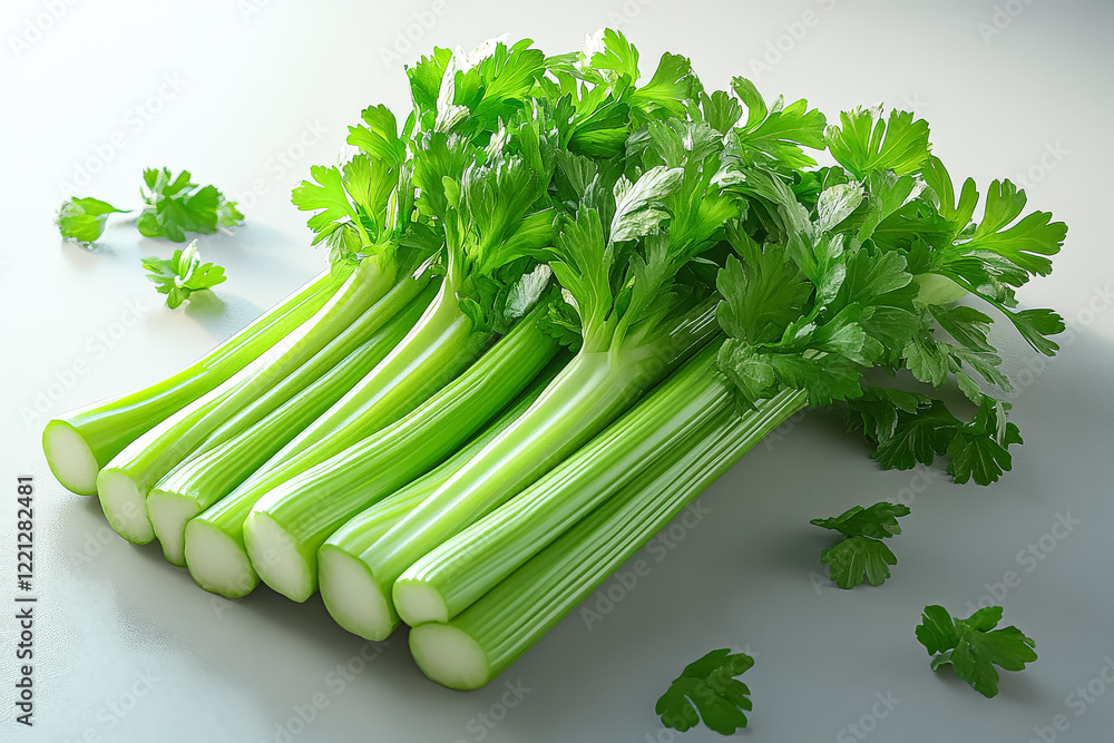 Poster bunch of celery is displayed on a table. the celery is fresh and green, and it is cut into pieces. t