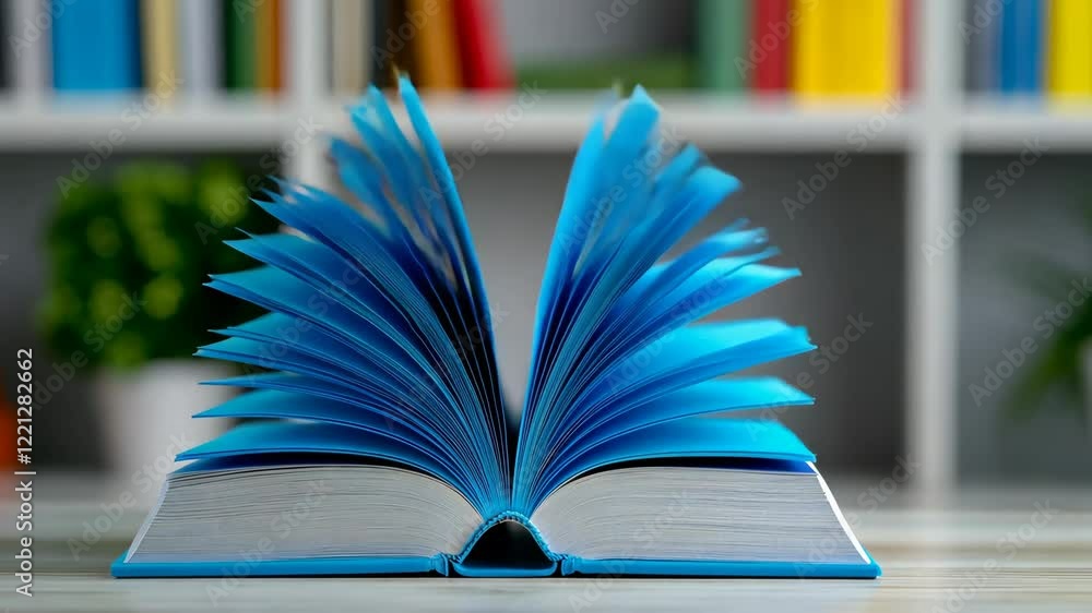 Poster blue open book sits on a table. the book is open to a page with a picture of a tree. the book is on 