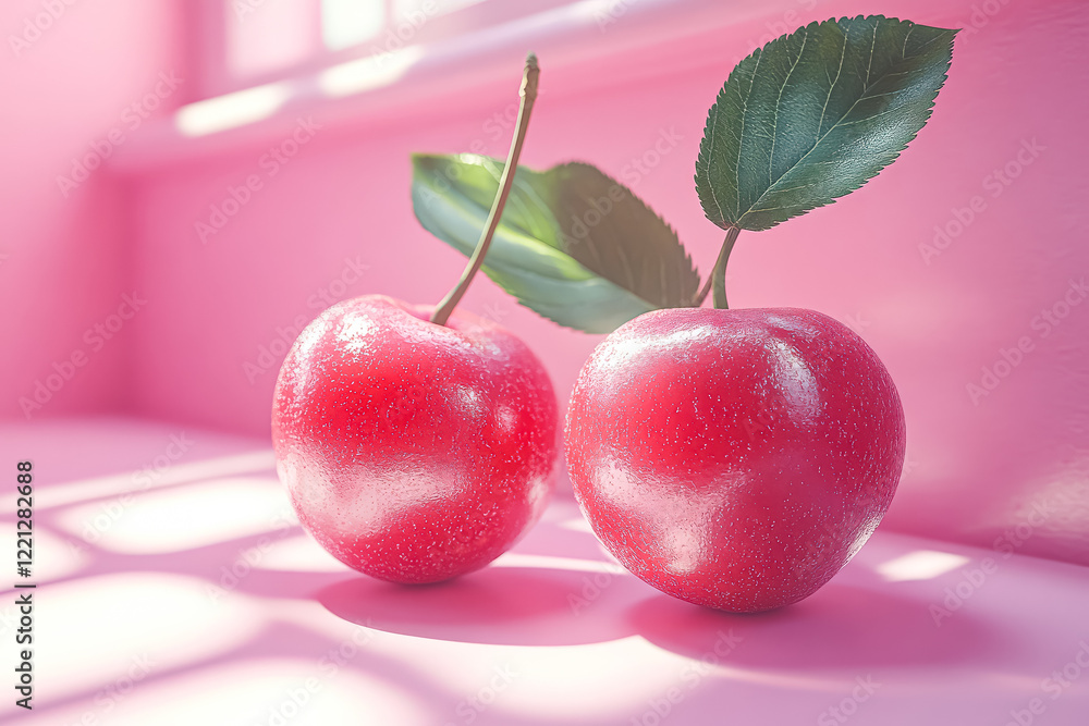 Aufkleber two red apples with a green leaf on top. the apples are shiny and have a frosty appearance. the imag