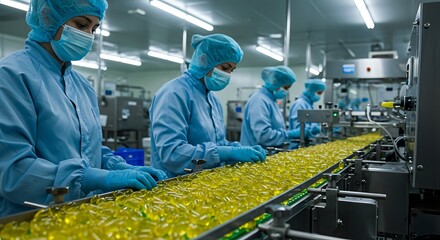 Capsules glide along an automated line. Specialists inspect every step of production. The factory operates with efficiency and precision.