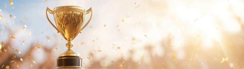 Fototapeta premium A gleaming trophy stands against a bright backdrop, symbolizing victory and achievement, with celebratory confetti surrounding it.