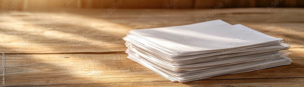 Poster a stack of neatly arranged white paper sheets on a rustic wooden table, illuminated by soft natural 