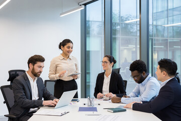 Successful diverse business team, group of people businesswomen and businessmen talking and...