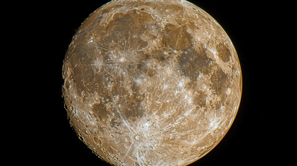 Bright full moon in clear night sky, showcasing its detailed surface features and craters, creating serene celestial atmosphere