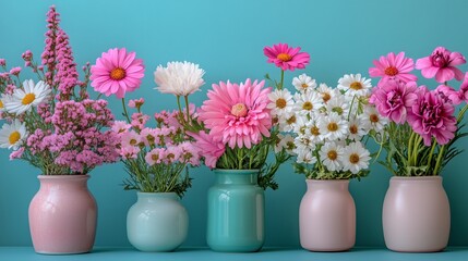 Bright and colorful flower arrangement in vases on a blue background