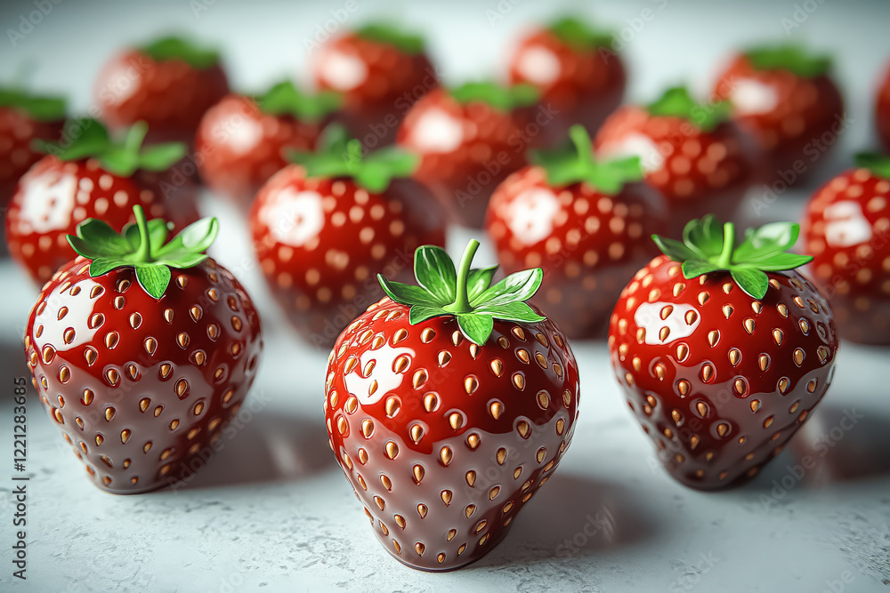 Poster close up of a bunch of strawberries with a shiny, metallic finish. the strawberries are arranged in 