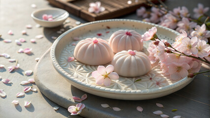 Fototapeta premium Traditional Japanese sweets on an elegant table with cherry blossoms and soft lighting