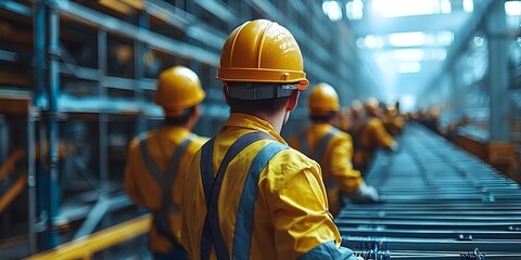 Yellow Hardhat and Workers Onsite at Construction Project