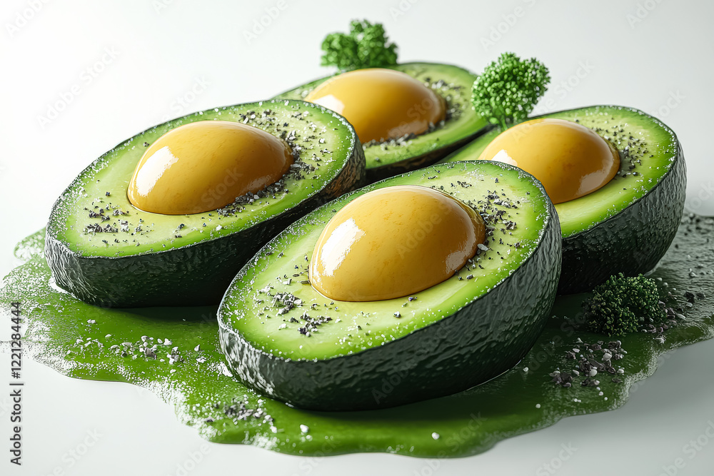 Poster four avocados are sliced open and placed on a green leaf. the avocados are arranged in a way that th