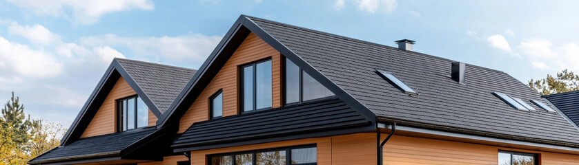 A modern house with a stylish black roof and large windows, surrounded by greenery under a clear blue sky.