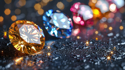 Fototapeta premium Vibrant orange and blue diamonds sparkle on dark surface, creating stunning visual display with shimmering reflections and magical atmosphere
