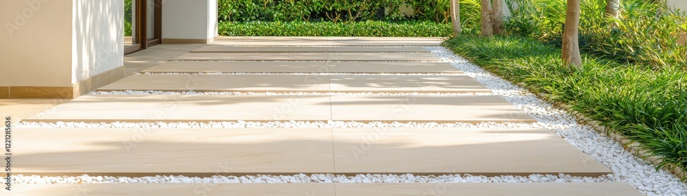Poster a serene pathway with stone slabs bordered by white gravel and lush greenery, creating a calm and in