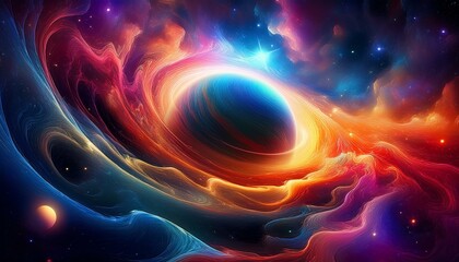 Obraz premium a vibrant cosmic nebula featuring a colorful planet surrounded by swirling clouds of gas