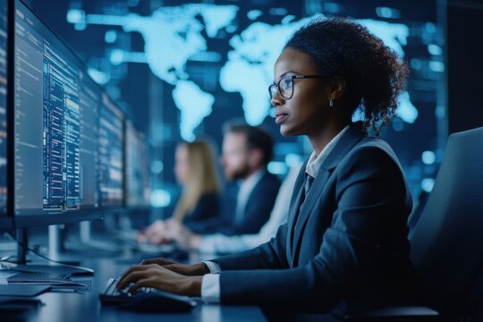 Diverse cybersecurity professionals engaged in a workshop on digital safety and awareness in a modern tech environment