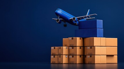Global Cargo Transport: Illustrative representation of global cargo transport, showcasing a miniature airplane taking off from a stack of shipping boxes.