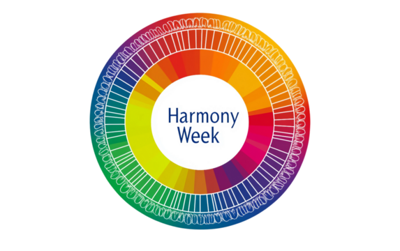 Minimalistic circular rainbow with Harmony W at the center Isolated on transparent background.