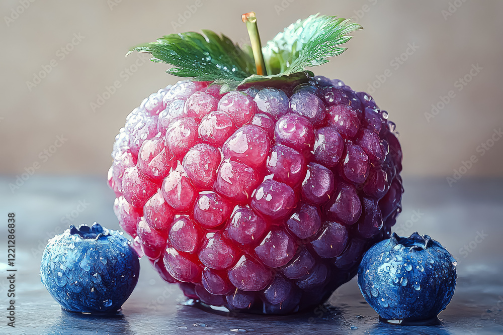 Aufkleber close up of a raspberry with a blueberry on top. the raspberry is covered in a blueberry glaze