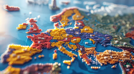 Colorful map of Europe featuring various countries and regions, showcasing vibrant colors and intricate details. creative representation of geographical boundaries and cultural diversity