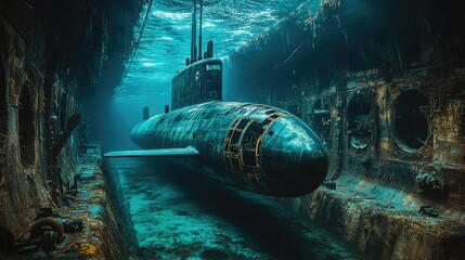 A submarine partially submerged in a narrow,
