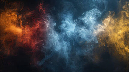 Fototapeta premium Colorful smoke swirls gracefully against black background, creating mesmerizing visual effect. vibrant hues of orange, red, blue, and yellow blend seamlessly, evoking sense of movement and energy