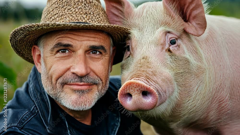 Aufkleber man is standing next to a pig and wearing a straw hat. the man is smiling and the pig is looking at 