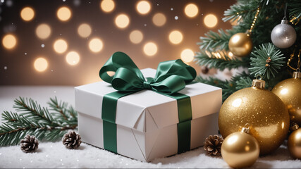 Christmas gift with green ribbon near christmas tree and golden baubles with blurred lights