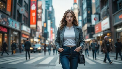 Candid street photography style in metropolitan city, female model is walking in modern casual outfit, blur effect in the background