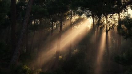 Obraz premium Golden rays of sunlight breaking through a forest of tall pine trees at dawn.