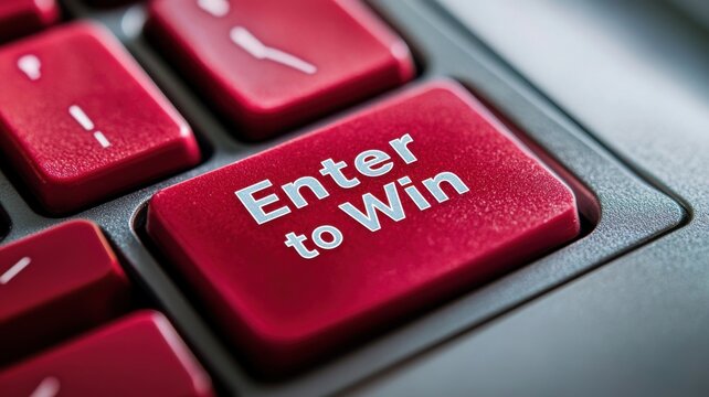 Bright red enter to win button on a computer keyboard designed to attract attention and encourage participation in a contest