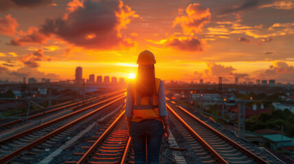 Naklejka premium construction worker in high visibility vest and hard hat stands on railway tracks at sunset, with vibrant clouds and city skyline in background, evoking sense of determination and hope