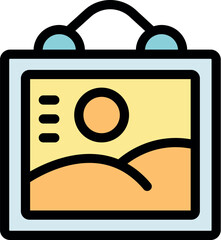 Simple, colorful vector illustration of a framed painting depicting a desert landscape with sun and hills, hanging on a wall