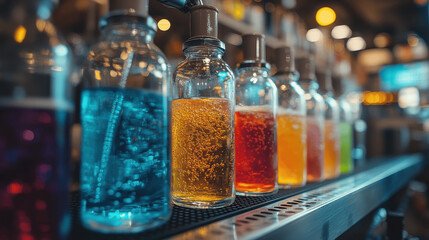 Colorful glass bottles filled with various beverages lined on a counter in a modern bar setting during evening hours