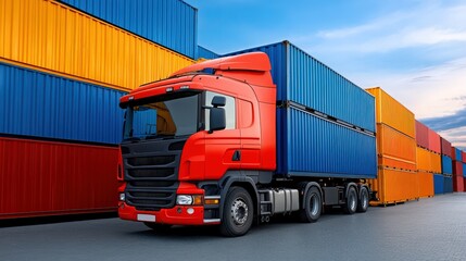 Freight Logistics: A vibrant red semi-truck, laden with vividly colored shipping containers, cruises across a clear sky. This image captures the essence of transportation and global trade.
