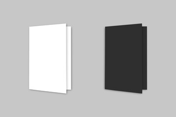 Empty blank black and white folded greeting card mockup isolated on white background. bifold leaflet, brochure, menu design templet.3d rendering.