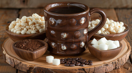 Fototapeta premium cozy arrangement featuring cup of coffee surrounded by sugar cubes, coffee beans, and chocolate treats, perfect for warm and inviting atmosphere
